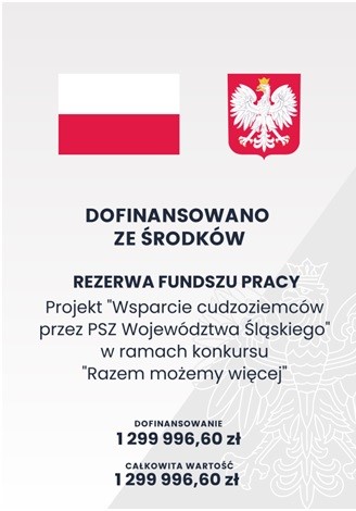 Dofinansowano ze środków Rezerwa Funduszu Pracy Projekt Wsparcie cudzoziemców przez PSZ Województwa Śląskiego w ramach konkursu Razem możemy wiecej Dofinansowanie 1 299 996,60 zł całkowita wartość 1 299 996,60 zł