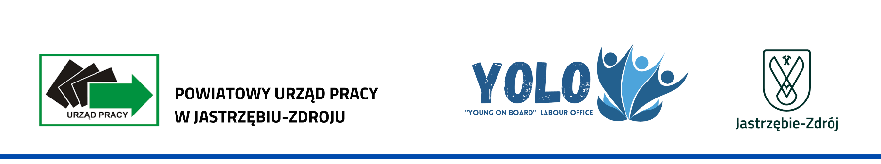 Nagłówek dokumentu projektu pilotażowego YOLO Young on board Labour Office zawierający logo PUP, logo YOLO i logo Urzędu Miasta Jastrzębie-Zdrój