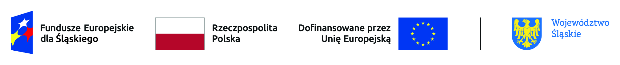 Cztery logotypy projektu: FUNDUSZE EUROPEJSKIE DLA ŚLĄSKIEGO, FLAGA POLSKI, DOFINANSOWANE Z UE, HERB ŚLĄSKA