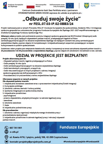 Zdjęcie artykułu STOWARZYSZENIE GREEN HOUSE zaprasza do udziału w projekcie pn.: „Odbuduj swoje życie”